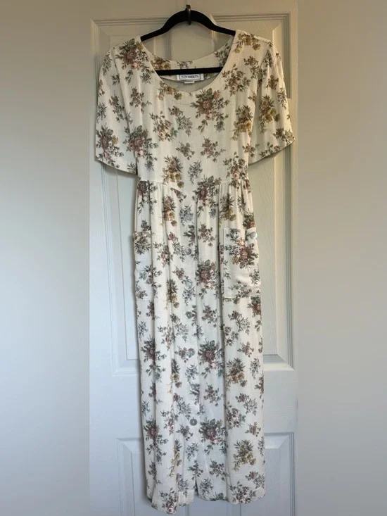 Vintage Linen Blend Cream Floral Midi Dress with Buttons - Picture 2 of 10